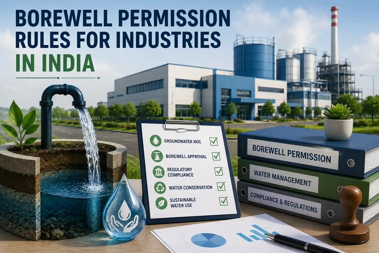 Borewell Permission Rules for Industries in India showing industrial borewell, 
                              groundwater extraction system, regulatory compliance documents, and modern manufacturing facility.