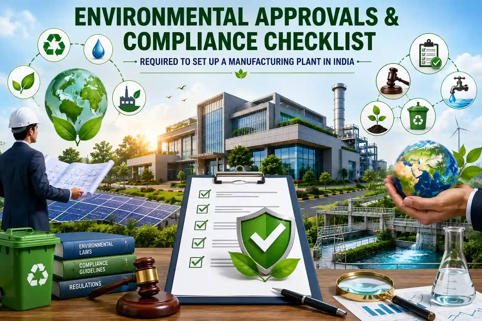 Environmental approvals and compliance checklist required for setting up a manufacturing plant in India including Environmental Clearance, CTE, CTO, Groundwater NOC and EPR compliance