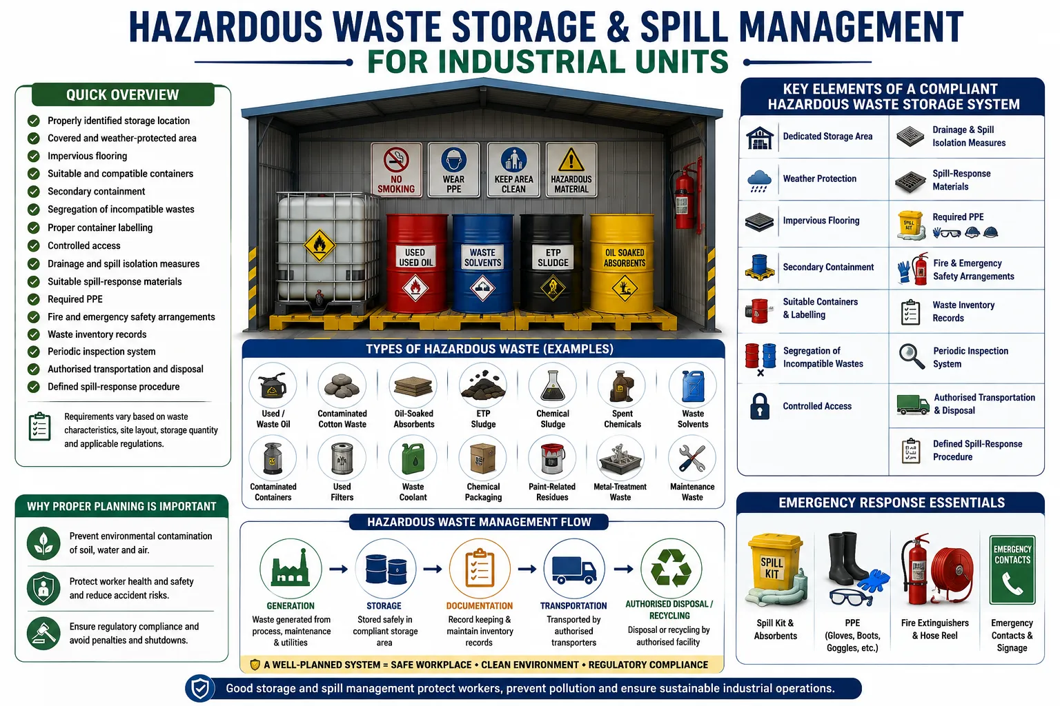 Hazardous waste storage and spill management requirements for industrial units