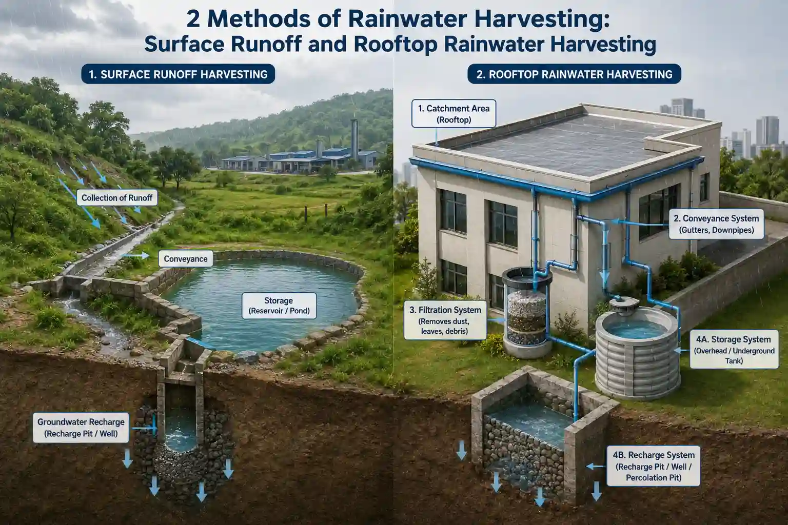 Surface runoff and rooftop rainwater harvesting methods