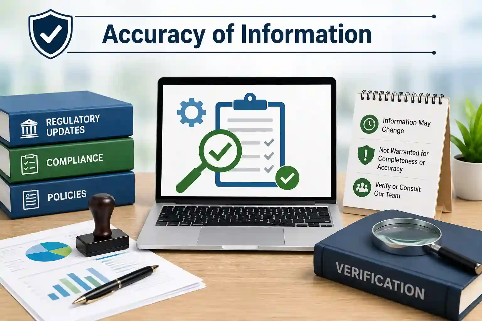 Accuracy of information disclaimer banner with environmental compliance, regulatory updates, legal guidance, sustainability, and professional consultancy theme.