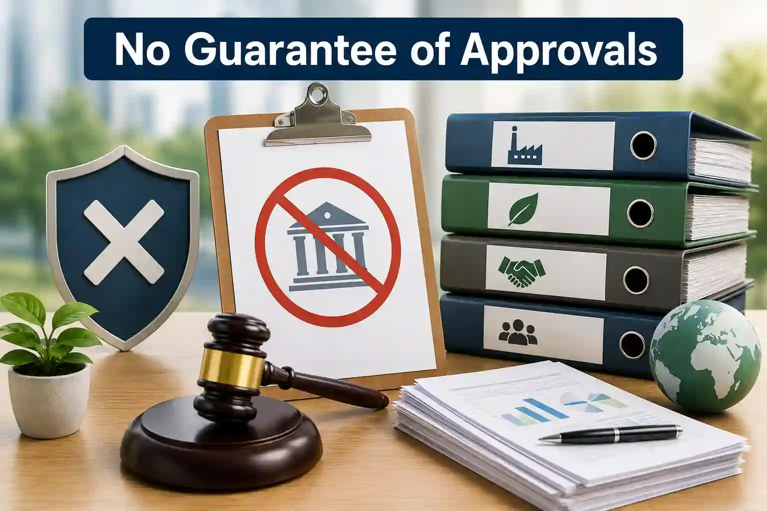 Professional environmental compliance disclaimer design showing regulatory approvals, legal process, government authority coordination, and environmental consultancy concept for CPCB, SPCB, and MoEF approvals.