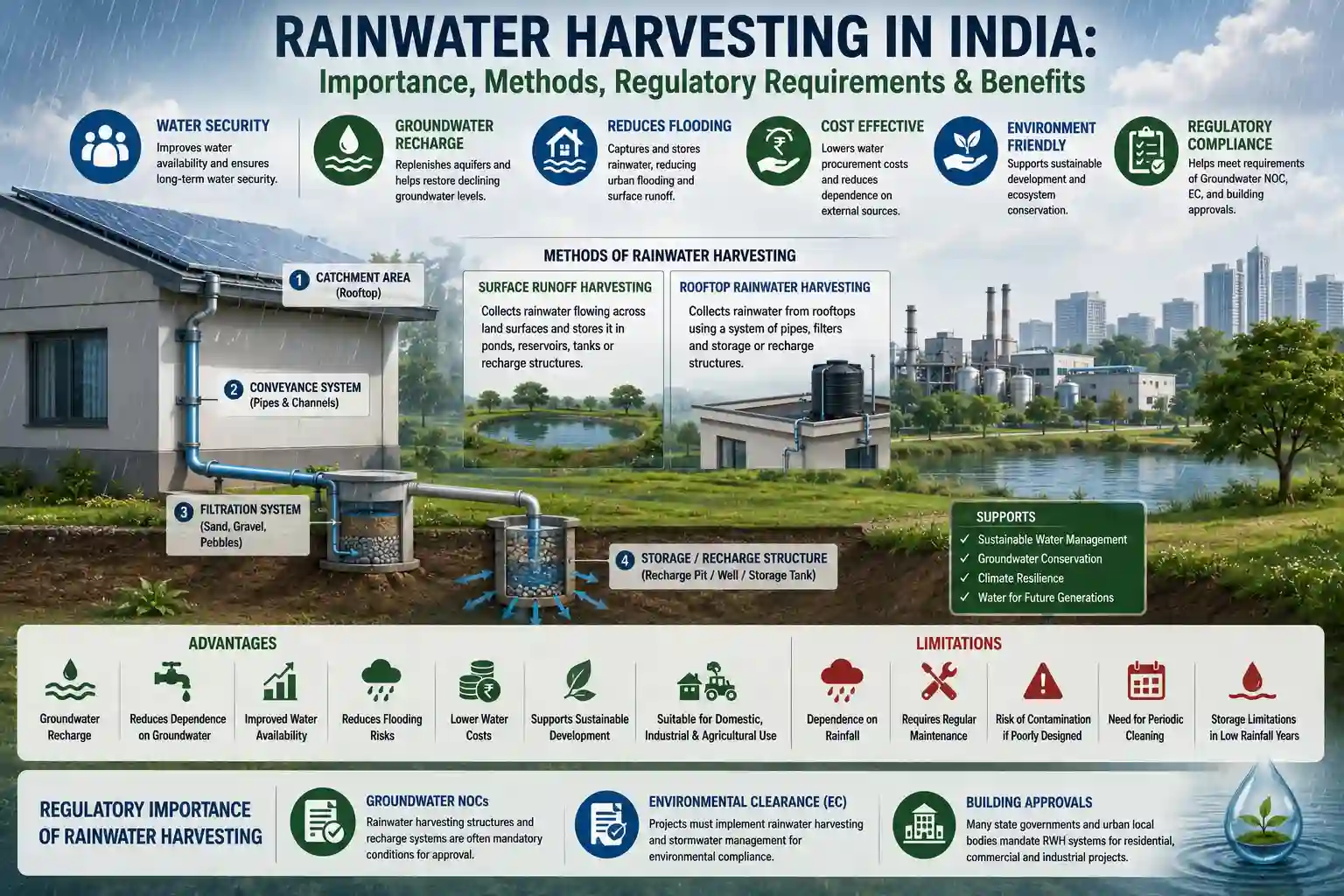 Rainwater harvesting process showing collection, filtration, and recharge
