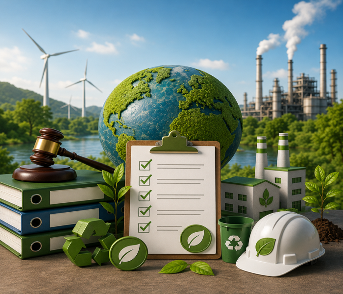 Environmental compliance and regulatory approvals concept in India with sustainability, pollution control, recycling, industrial compliance, and environmental documentation visuals.