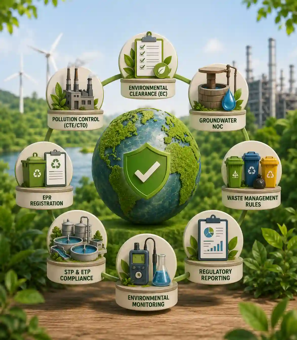 Environmental compliance areas in India including Environmental Clearance, Pollution Control, Groundwater NOC, EPR Registration, waste management, STP ETP compliance, environmental monitoring, and regulatory reporting.