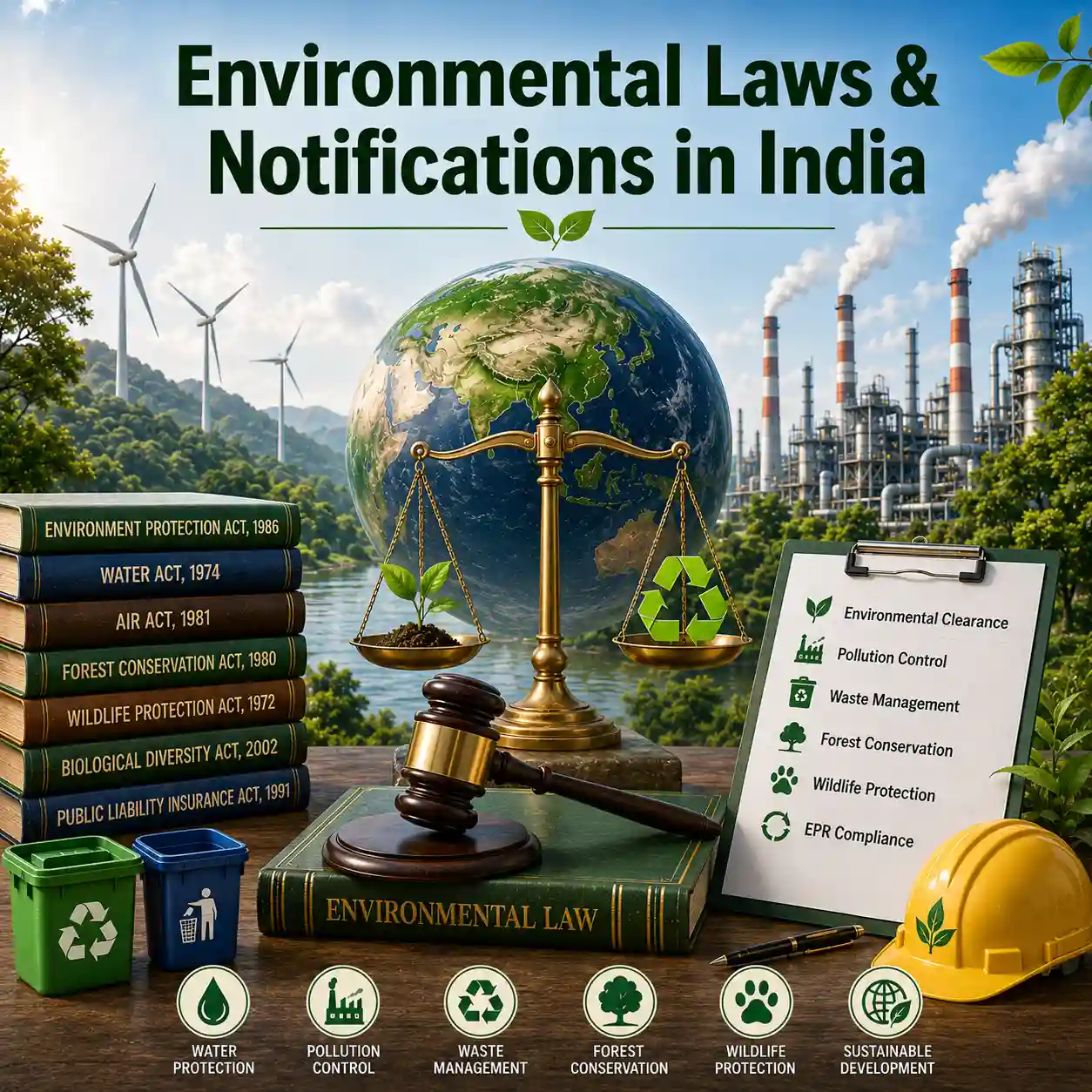 Environmental laws and notifications in India showing pollution control, environmental regulations, sustainability, industrial compliance, and legal environmental framework.