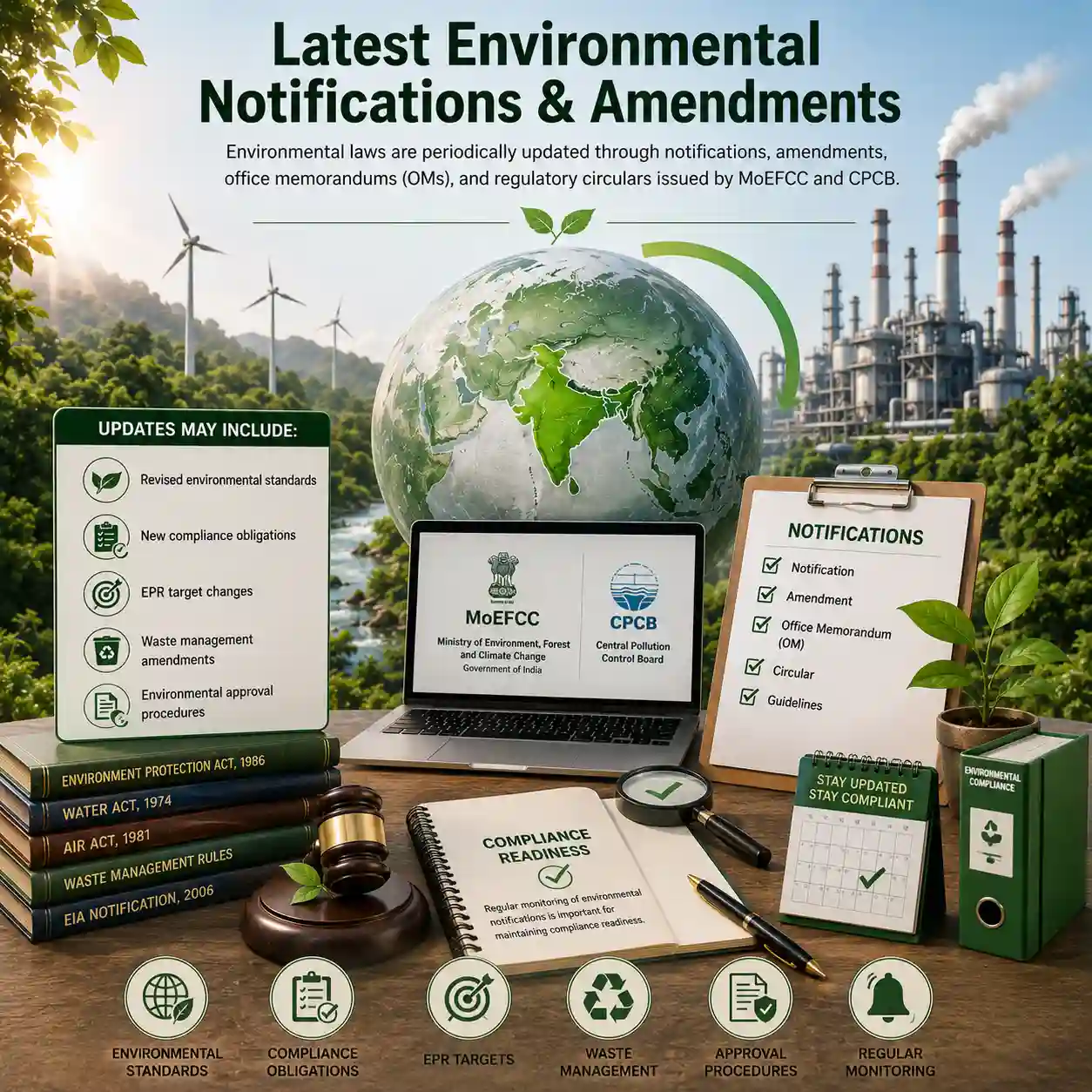 Latest environmental notifications and amendments in India related to MoEFCC regulations, CPCB guidelines, waste management updates, EPR compliance, and environmental approvals.