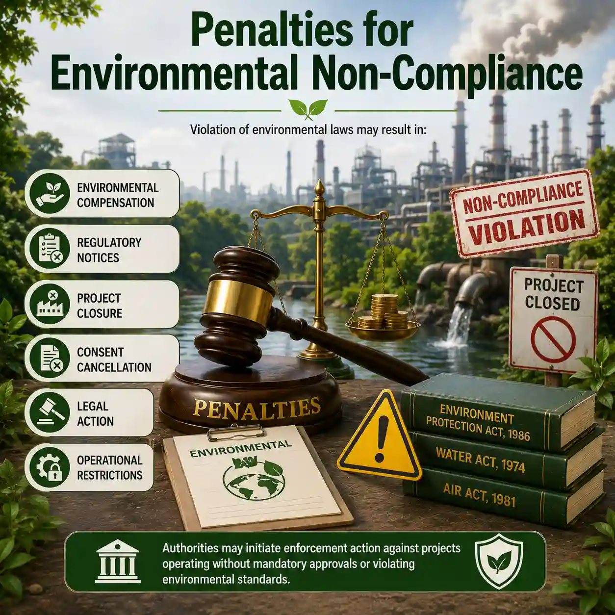 Penalties for environmental non-compliance in India including project closure, legal action, pollution violations, environmental compensation, and regulatory enforcement under Indian environmental laws.