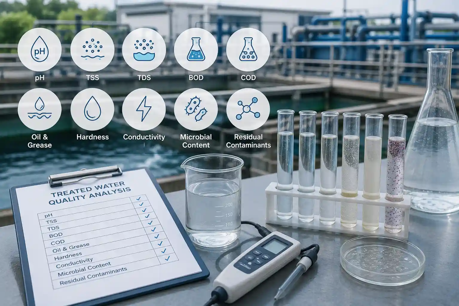 Treated water reuse quality testing parameters for industrial and commercial applications.