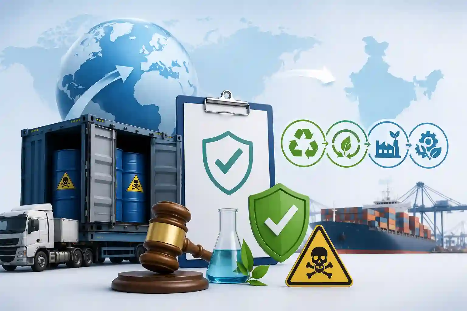 Illustration of hazardous waste import compliance in India showing international shipment, recycling, resource recovery, reuse, and authorised co-processing concepts.