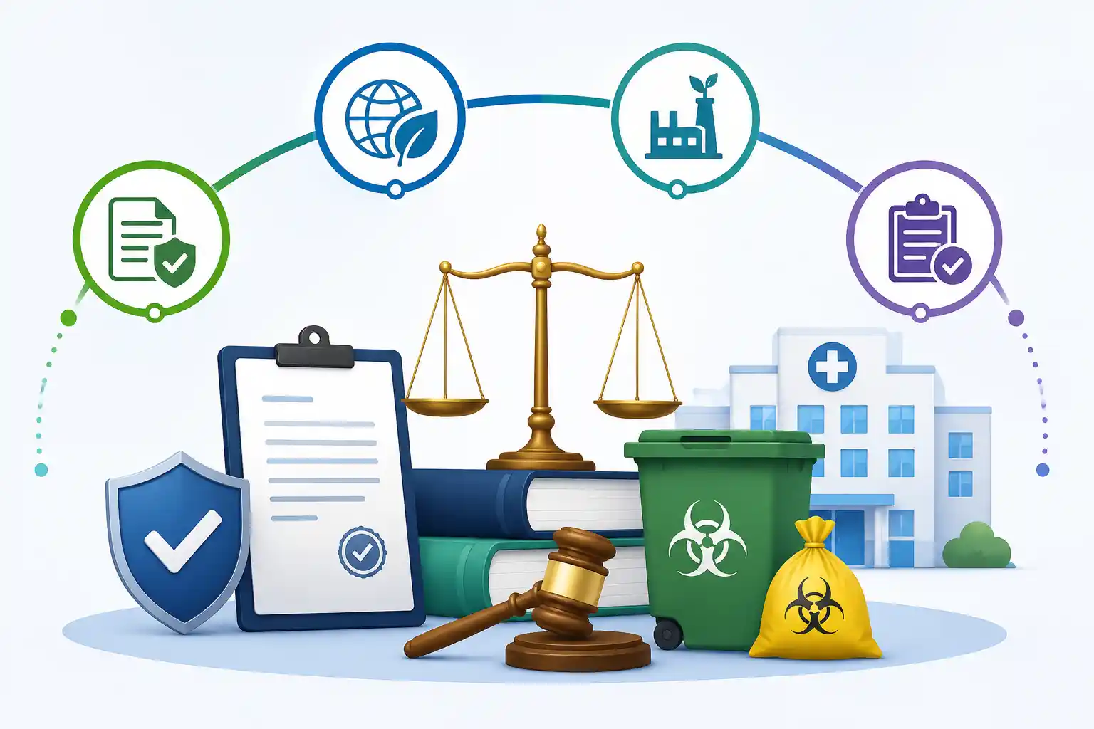 Illustration of biomedical waste compliance in India featuring hospital, biomedical waste bin, legal regulations, environmental protection, SPCB and CPCB compliance concepts.
